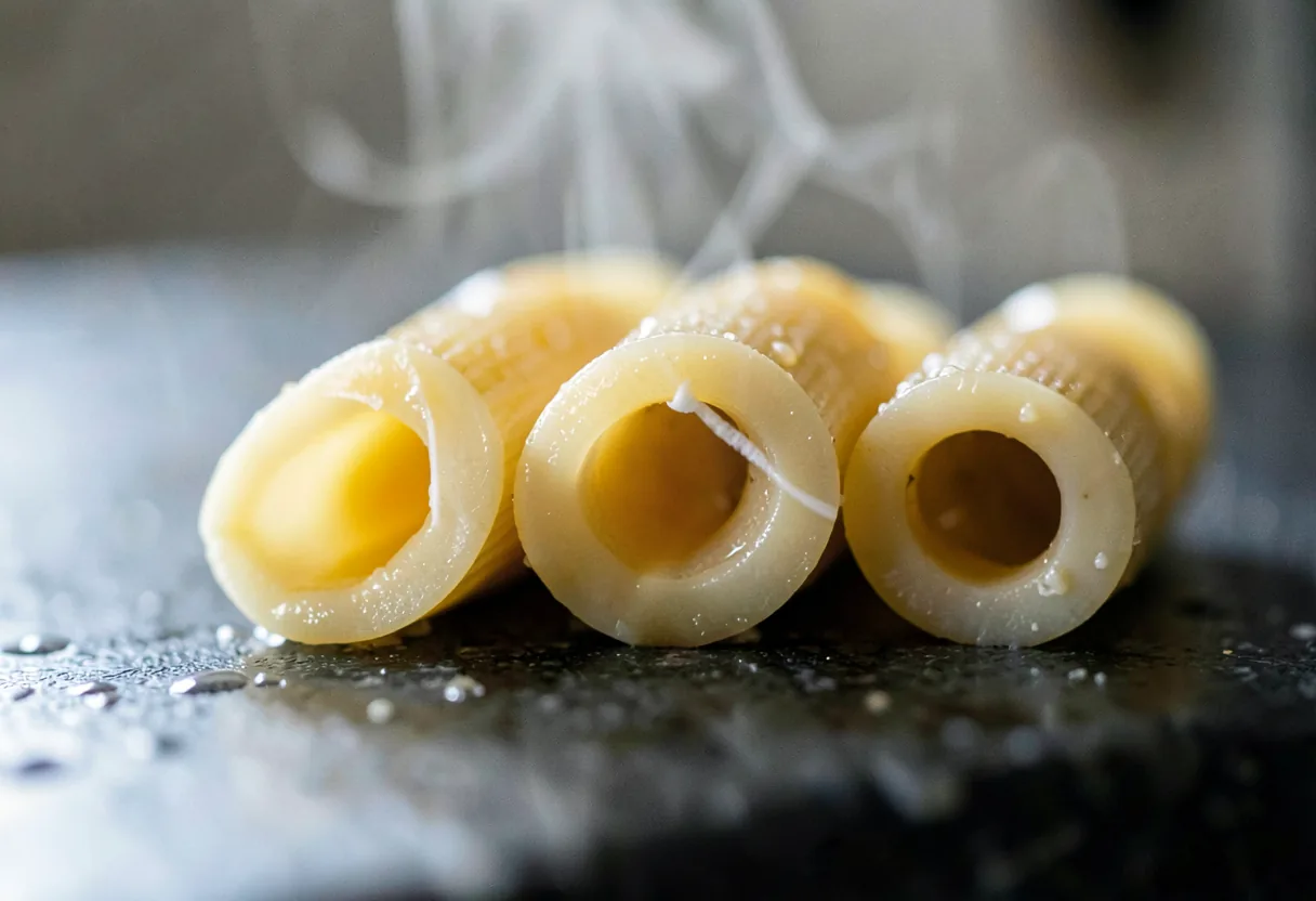Three cooked rigatoni tubes seen end on, wet and steaming on a dark stone counter.
