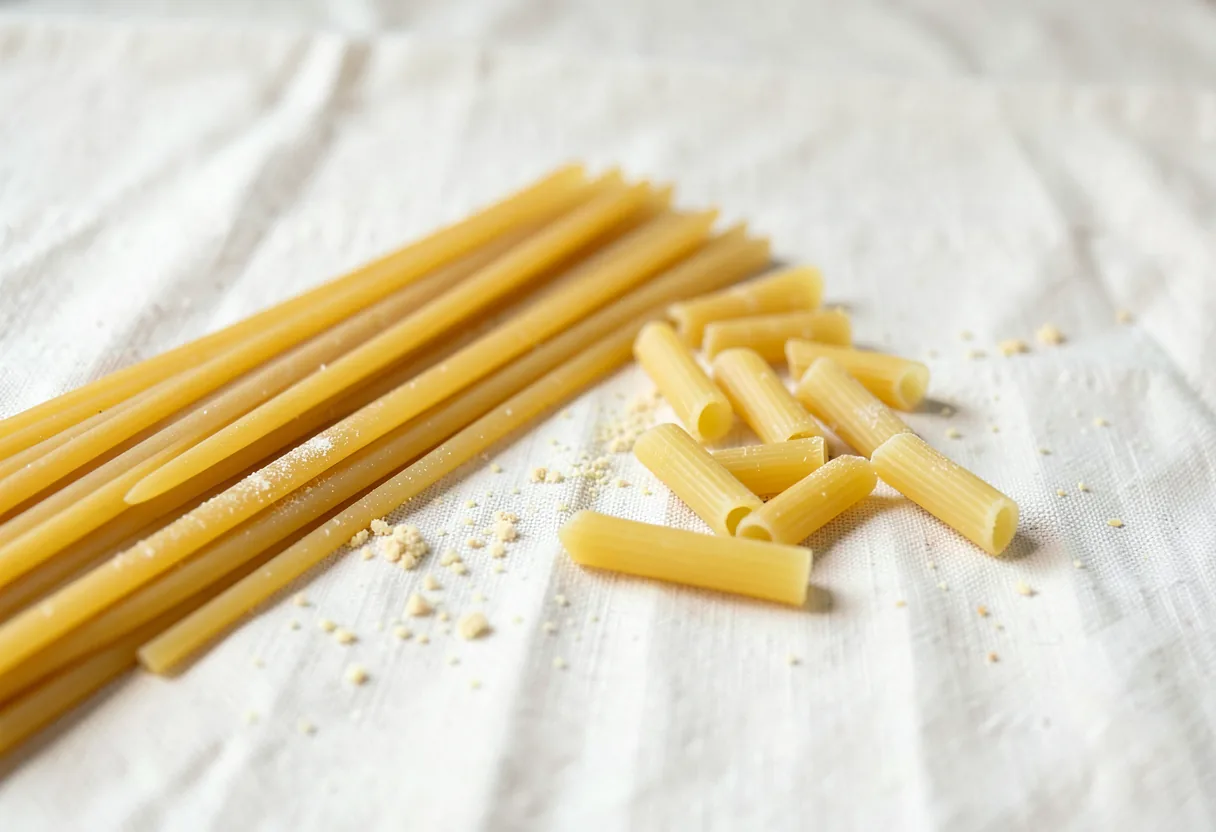 Dry uncooked spaghetti and short rigatoni tubes on pale linen, with a scatter of semolina.