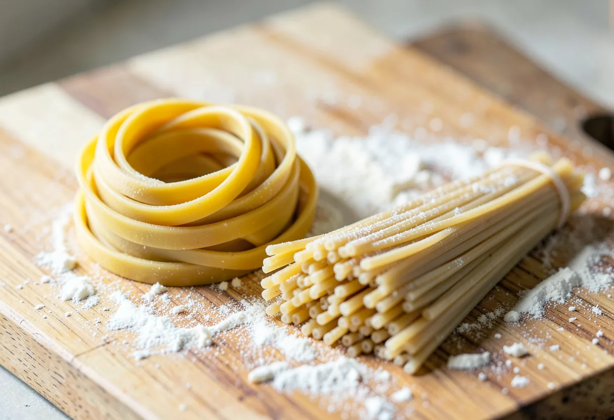 Nests of fresh egg tagliatelle beside a bundle of dried spaghetti on a floured wooden board.