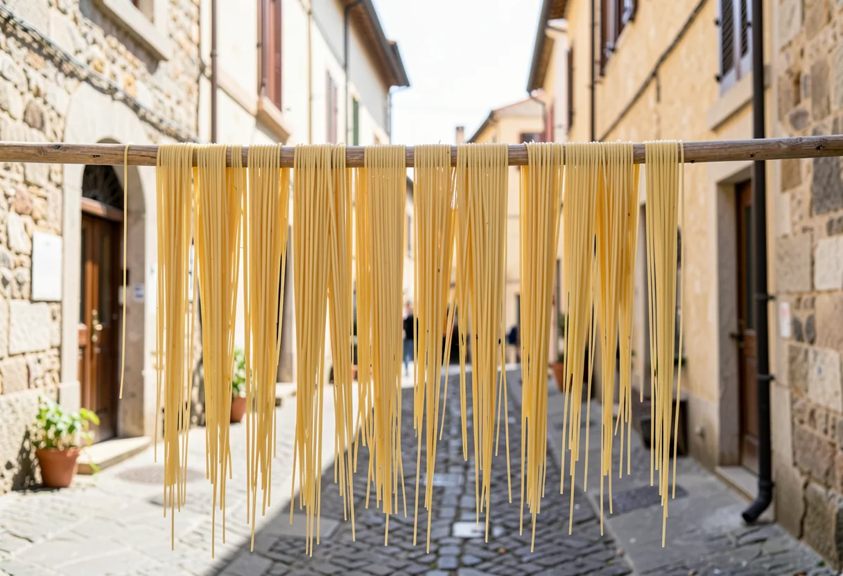 Long strands of spaghetti hung to dry on a wooden cane across an old Italian street.