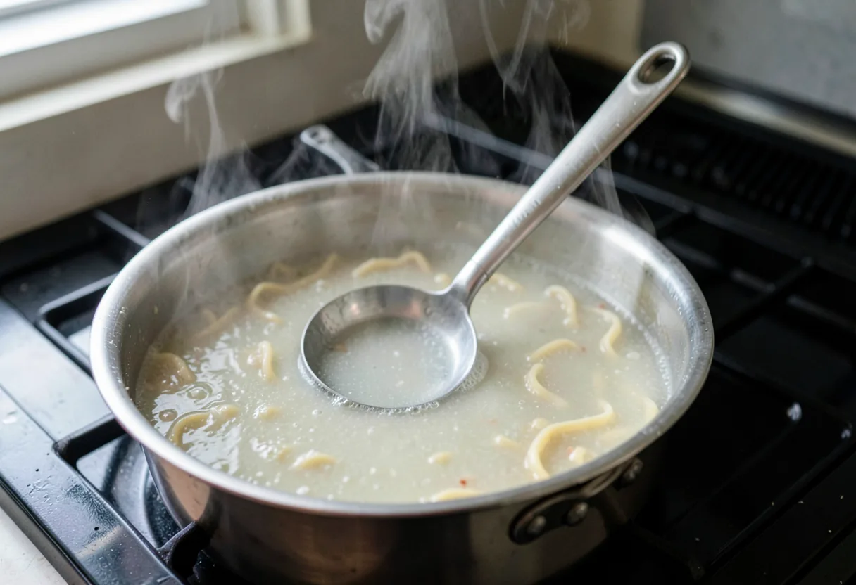 A steel ladle resting in a pot of cloudy starchy pasta water on a stove, with steam rising.