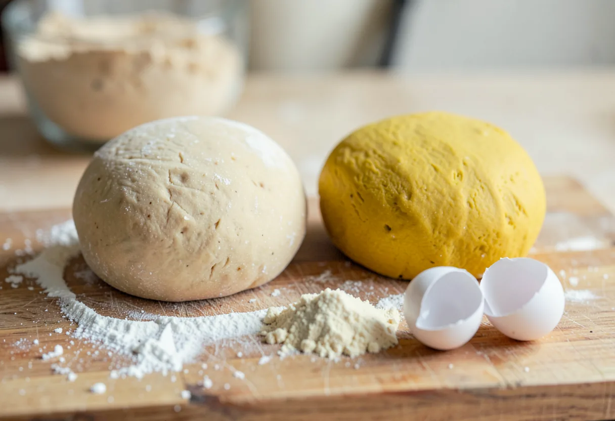 Two balls of pasta dough on a floured board, one pale gold from semolina and one deep yellow from egg.