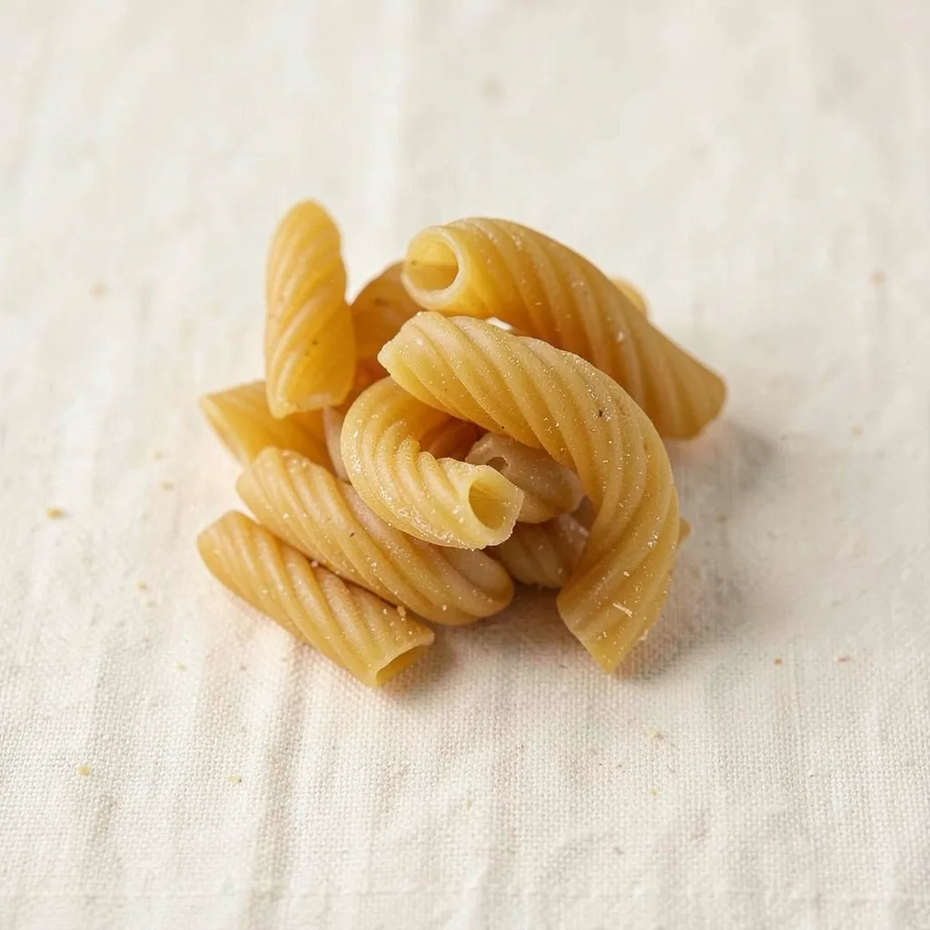 Cavatappi, uncooked, on linen
