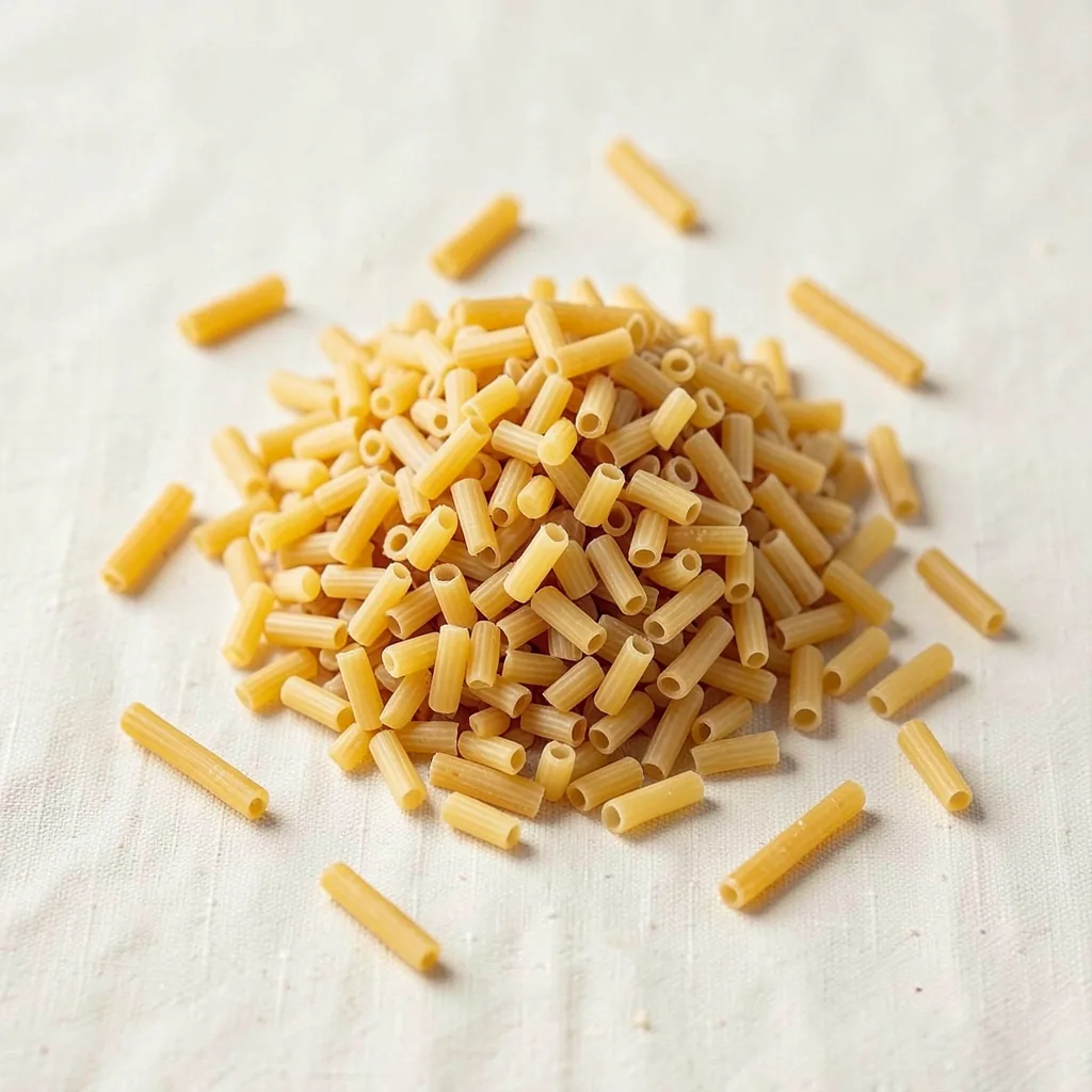 Ditalini, uncooked, on linen