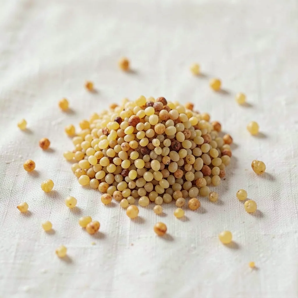 Fregola, uncooked, on linen