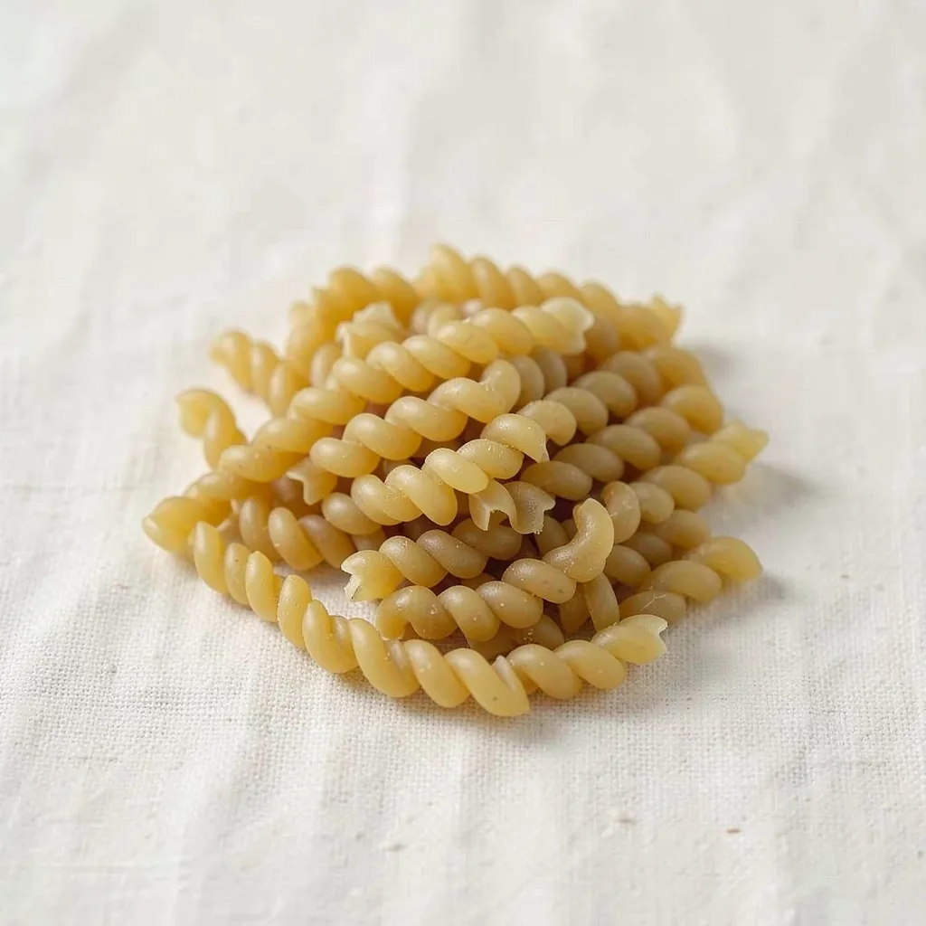Fusilli, uncooked, on linen
