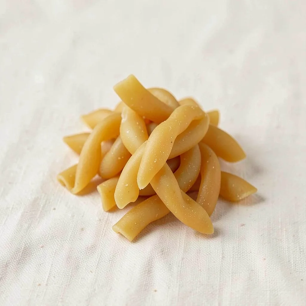 Gemelli, uncooked, on linen