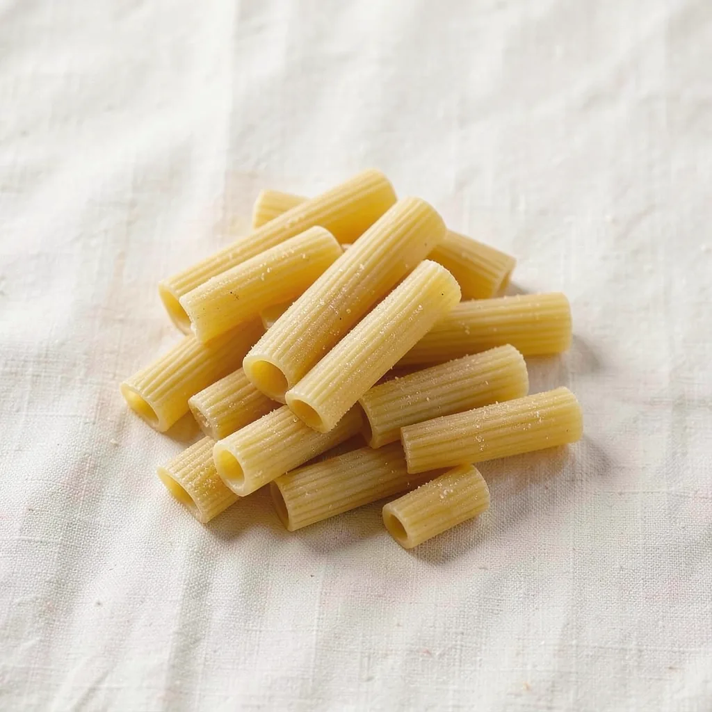 Mezzi rigatoni, uncooked, on linen
