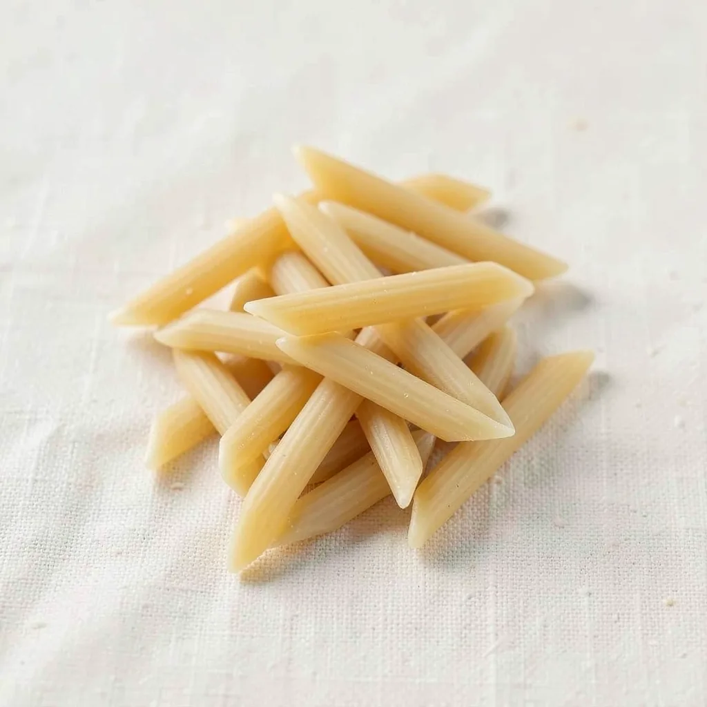 Penne lisce, uncooked, on linen