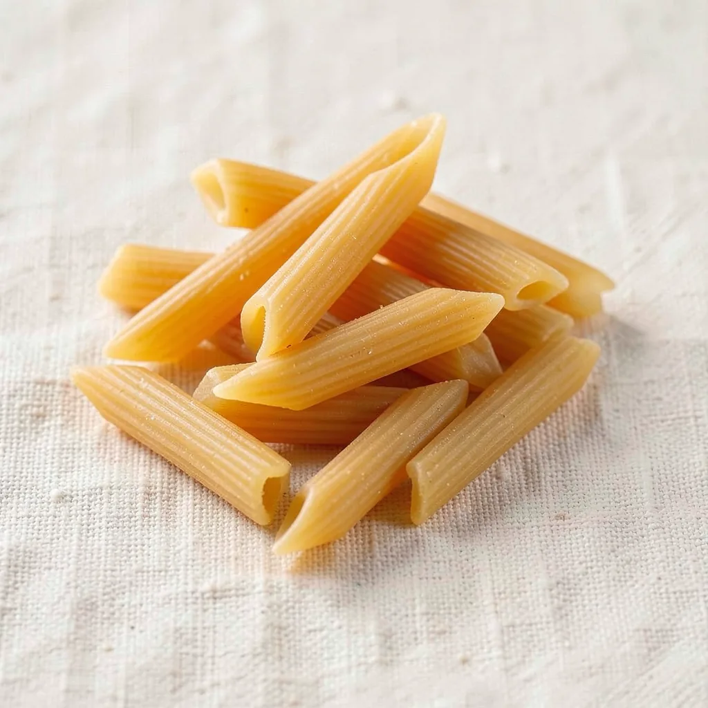Penne, uncooked, on linen