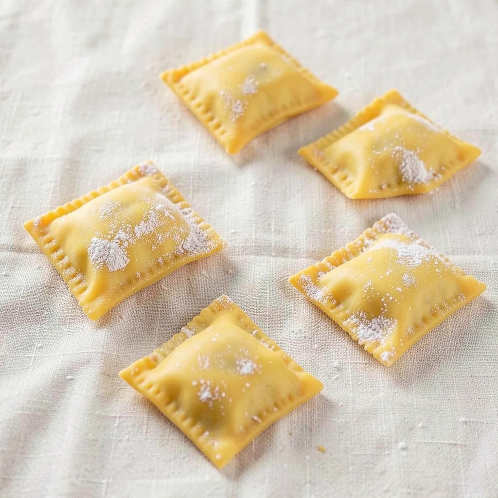 Ravioli, uncooked, on linen
