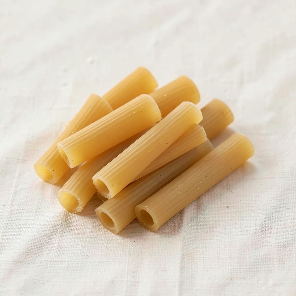Rigatoni, uncooked, on linen