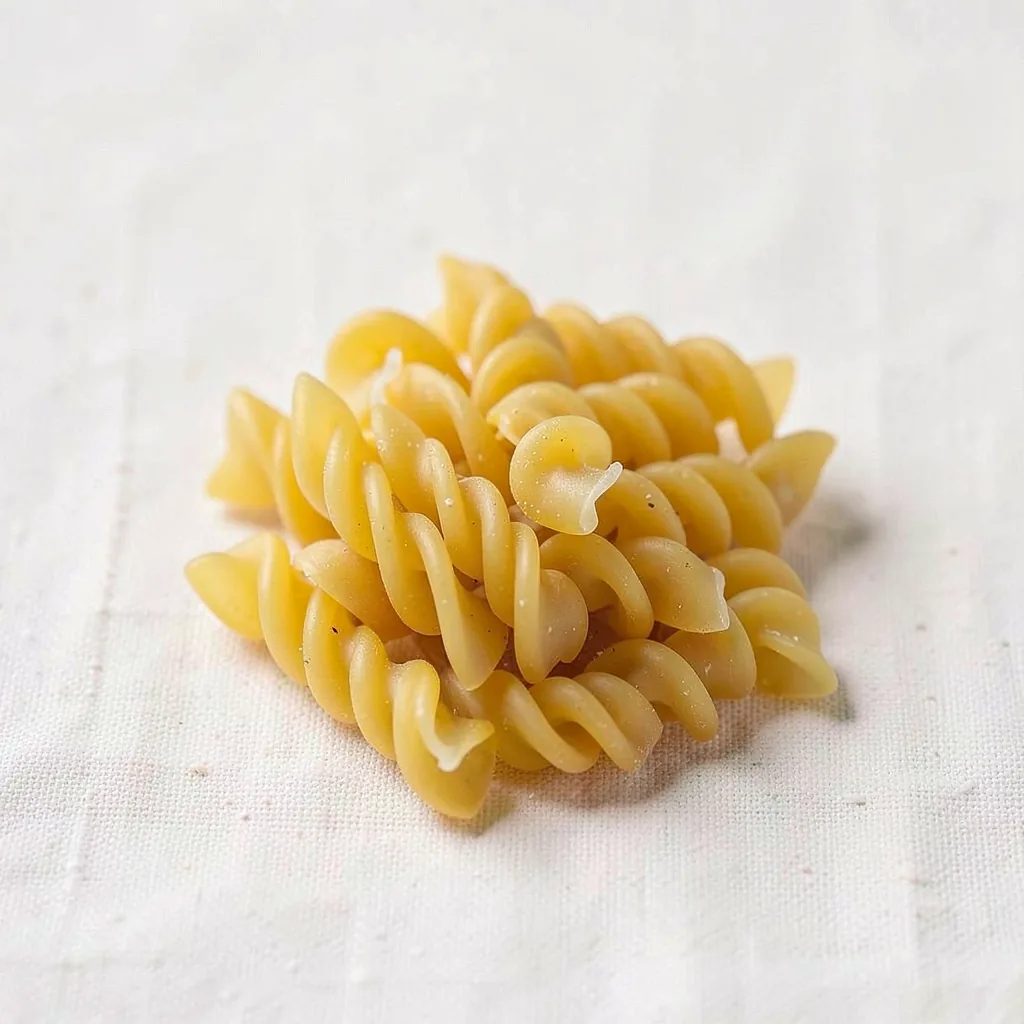 Rotini, uncooked, on linen