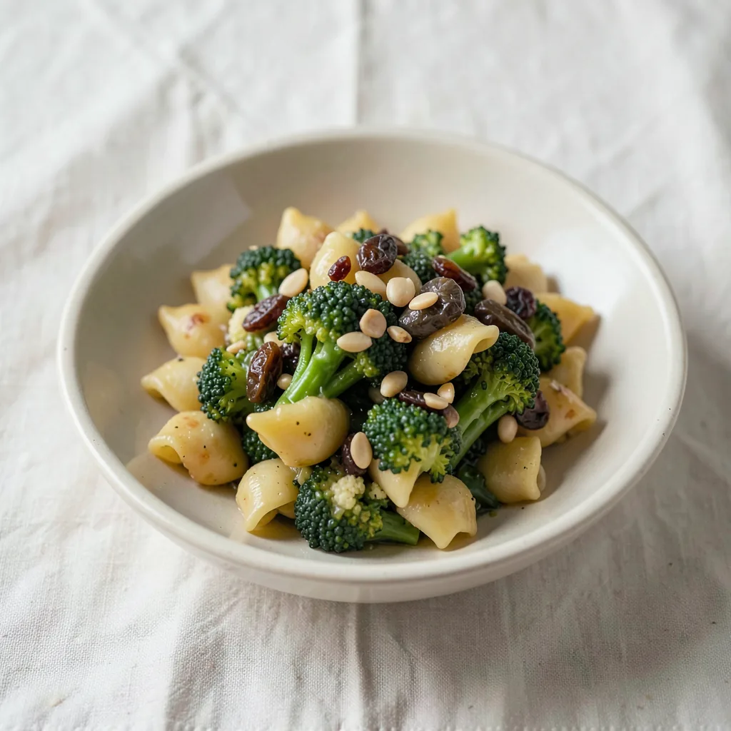 Broccoli and anchovy, served on pasta