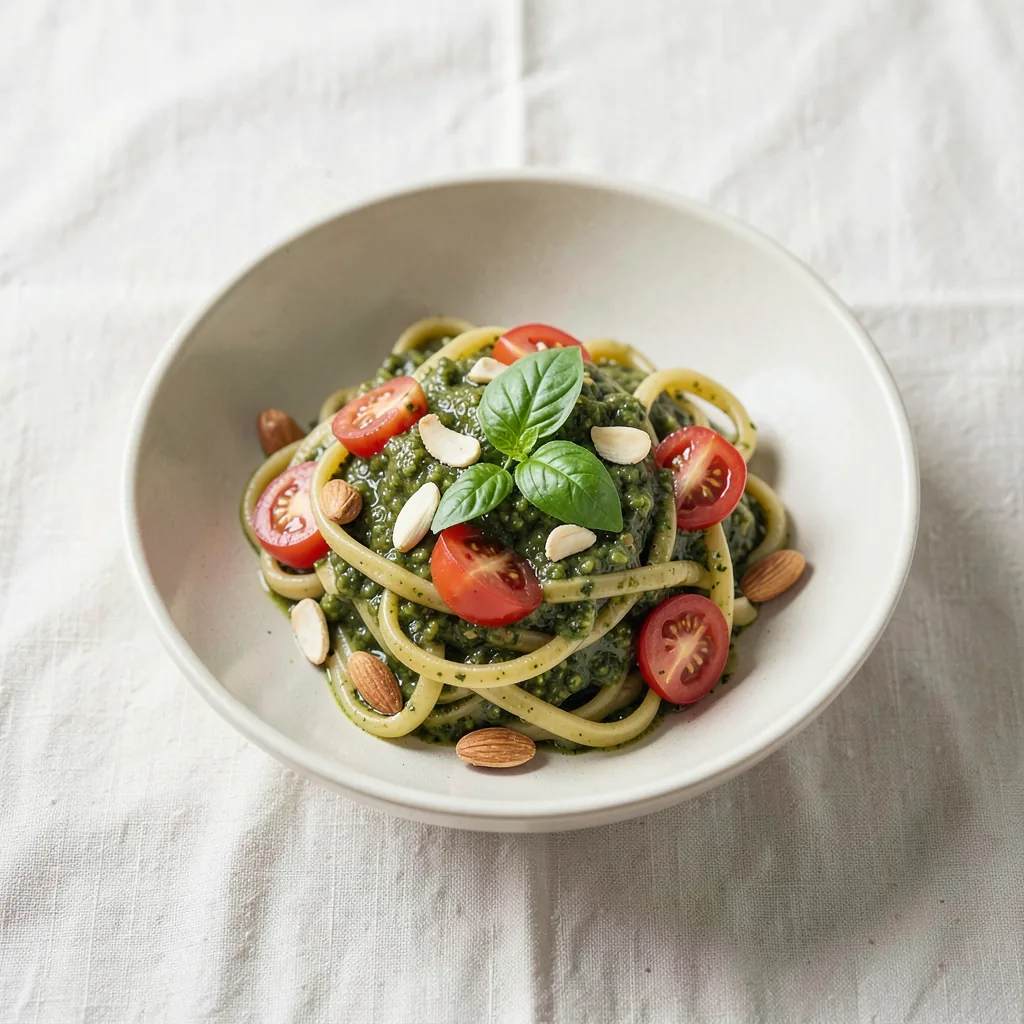 Pesto alla trapanese, served on pasta