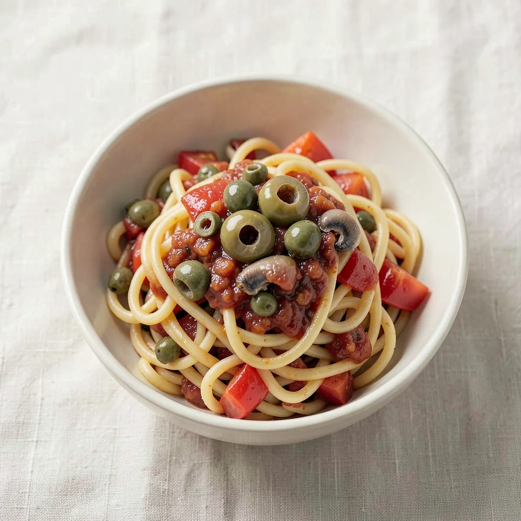 Puttanesca, served on pasta