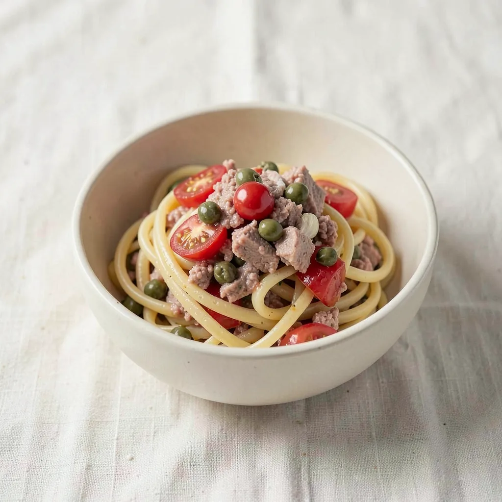 Tuna and tomato, served on pasta